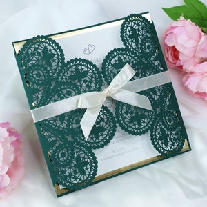 Bottle Green Wedding Invitations, Laser Cut Cover & Gold Border Insert, Luxury Wedding Invitations, Ribbon Invitation, Day Invitation Set