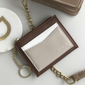 Porta carte personalizzato Porta monete Portachiavi in pelle vegana Beige e marrone 4 colori con tasche e tasca con cerniera - Compleanno, idea regalo