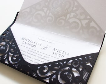 Classic Black Pocket Invitation Pocketfold Invitation with Holographic Ornament Foil Laser Cut Wedding Cards Evening Reception Invitation