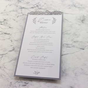 Luxury Menu Ash Grey Elegant Plate Menu with Laser Cut Details, Wedding Table Menu, Menu Cards, Wedding Menu, On the Day Stationery