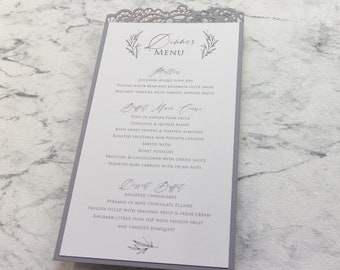 Luxury Menu Ash Grey Elegant Plate Menu with Laser Cut Details, Wedding Table Menu, Menu Cards, Wedding Menu, On the Day Stationery