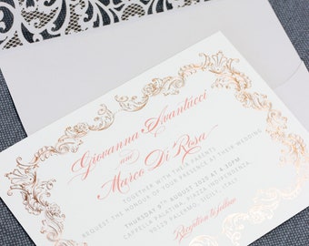 Grey Laser Cut Pocket Wedding Invitations with Real Foil Rose Gold Ornament - Wedding Invitation Suite, Wedding Cards & Envelopes