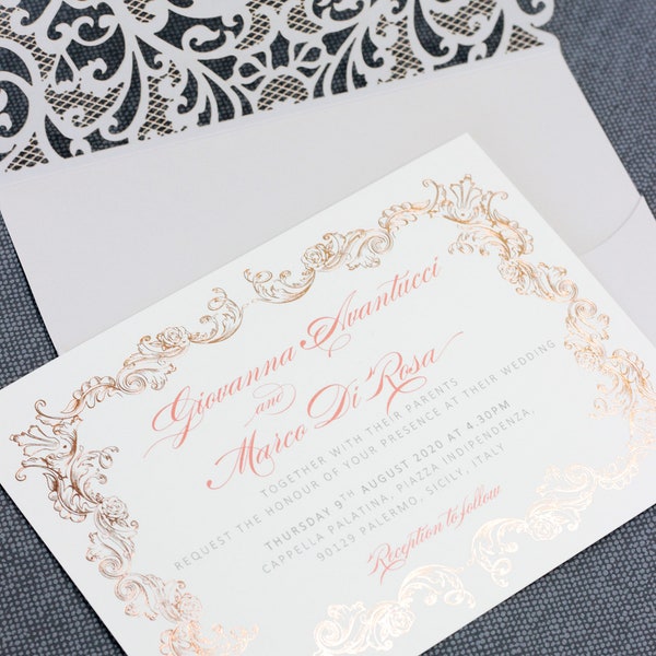 Grey Laser Cut Pocket Wedding Invitations with Real Foil Rose Gold Ornament - Wedding Invitation Suite, Wedding Cards & Envelopes