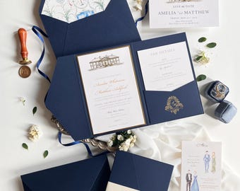 Navy Blue Tri-Fold Pocket Wedding Invitation Suite, Gold Foil Monogram & Watercolour Envelope Liner