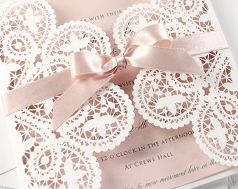 DIY White and Peach Wedding Invitation Laser Cut,  Do It Yourself planner, Set of invitations