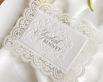 Embossed Hydrangea Place Cards with Lace - Personalised Name Cards, Wedding Escort Cards, Vintage Table Decor