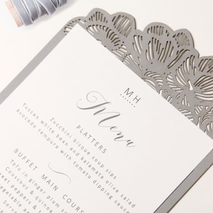 Orchid Motif Elegant Menu Ash Grey Plate Menu with Laser Cut Details, Wedding Table Menu, Menu Cards, Wedding Menu, On the Day Stationery