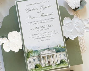 Custom Watercolour Venue Wedding Invitation, 3D Embossed Orchid Gatefold, Sage Green Floral Wedding Invite