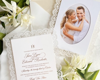 Lace Wedding Invitation with Gold Foil and Couple Photo, Personalised Laser Cut Wedding Invite