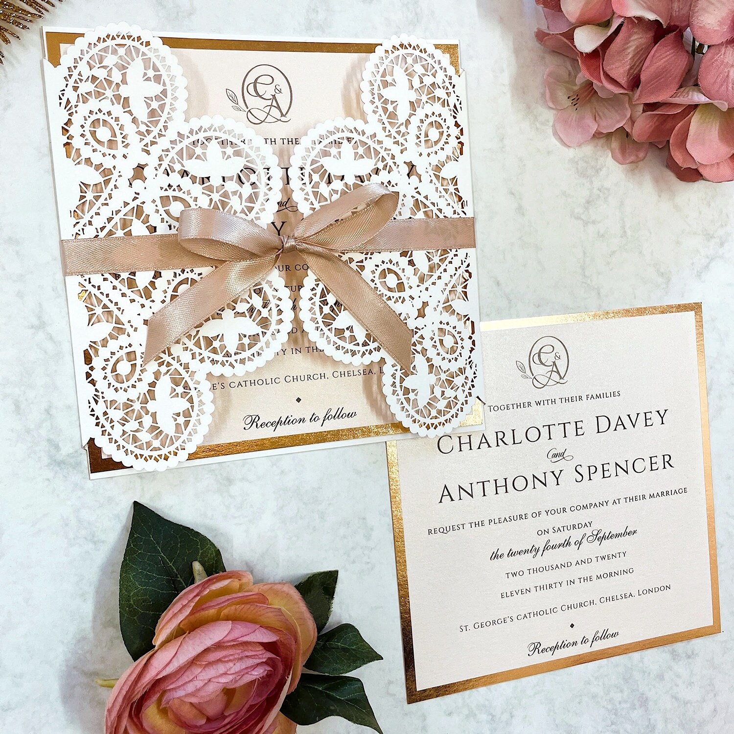 Delicate Laser Cut Wedding Invitation Matching Dusty Peach Ribbon ...