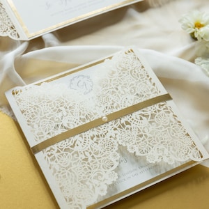 Cream Laser Cut Invitations Wedding Invitations Gatefold Gold Foil Border Personalised Invitations With Envelopes