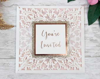 Laser Cut Invitations with Gold Glitter & Rose Gold Foil Belly Band Light Cream Cover 2 Inserts - Parchment Insert  Wedding Invitation