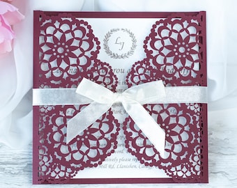 Burgundy  Laser Cut Wedding Invitation Wedding Cards with Ribbon & Matching Envelopes