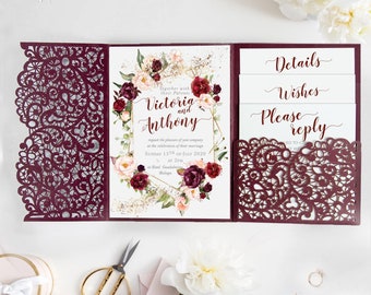Laser Cut Covers Pocket Fold Invitations Burgundy - Pocketfold Elements, DIY Cut, 3 fold pocket, Wedding Cards
