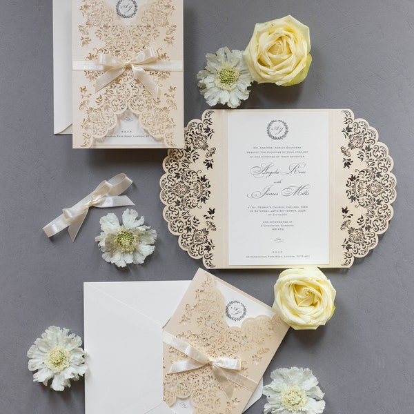 Classy Creamy Laser Cut Wedding Day Invitation with Pearl Ribbon & Matching Envelopes - Fully Personalised Wedding Cards Fully Printed