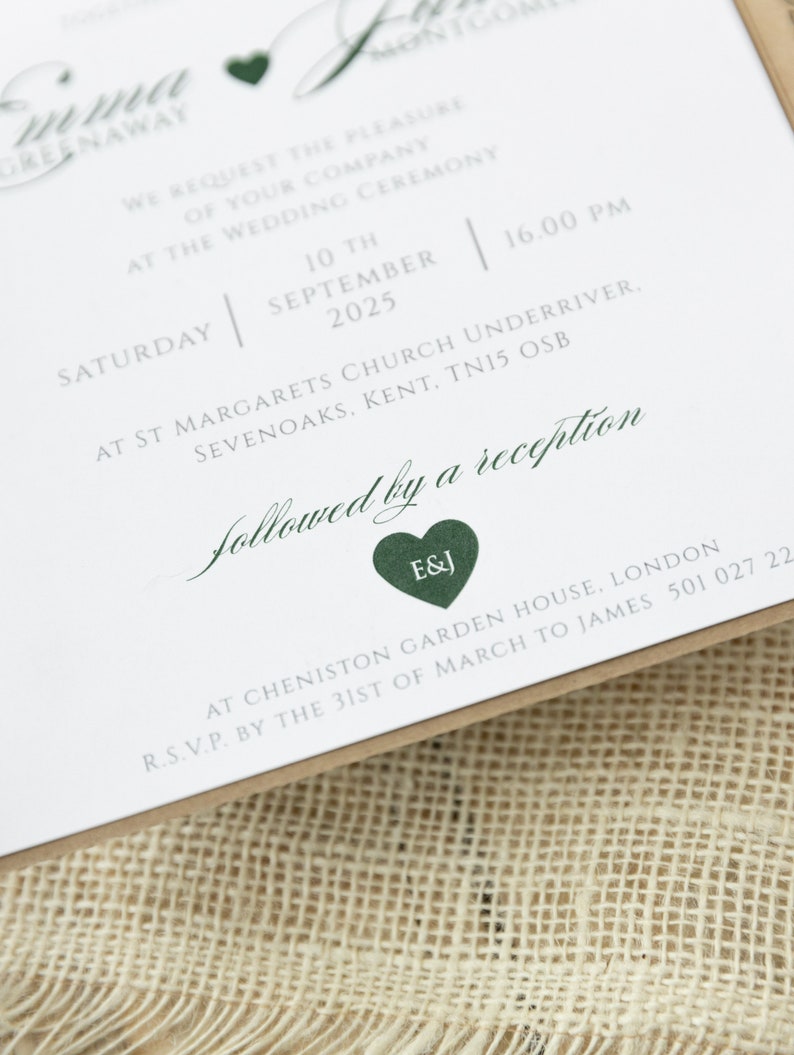 Personalized rustic Wedding Invitations, Laser Cut, Tree of Life, Boho, Heart green, Kraft, Set with Envelopes & Linen Twine, Fully Printed image 8