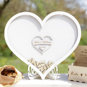 White Heart Shaped Personalised Wooden Wedding Guest Book Drop Box with Wooden Box + Wooden Pen + Woodem Hearts Set