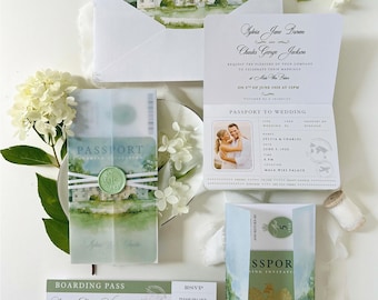 Sage Green Passport Wedding Invitation | Wedding Abroad | Travel Wedding Suite | Vellum Cover with Watercolour Venue | Boarding Pass