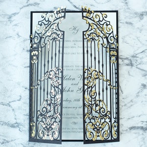 Elegant Black Monogram Ornamental Gatefold Laser Cut Wedding Day Invitation with Gold Foil Wedding Invitations Fully Personalised