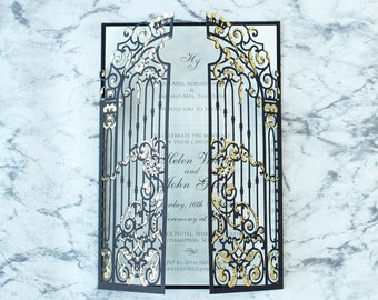 Elegant Black Monogram Ornamental Gatefold Laser Cut Wedding Day Invitation with Gold Foil Wedding Invitations Fully Personalised