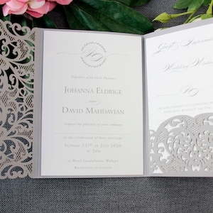Laser Cut Wedding Invitations Folder in Grey - Wedding Invitation Suite, Pocket Invitation, Classic Wedding 3 tier 4 Inserts RSVP Details