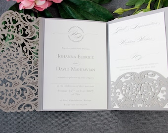 Laser Cut Wedding Invitations Folder in Grey - Wedding Invitation Suite, Pocket Invitation, Classic Wedding 3 tier 4 Inserts RSVP Details