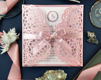 Blush Pink Pearlised Laser Cut Wedding Invitation, Wedding Cards with Ribbon & Matching Envelopes Full Personalisation and Printing