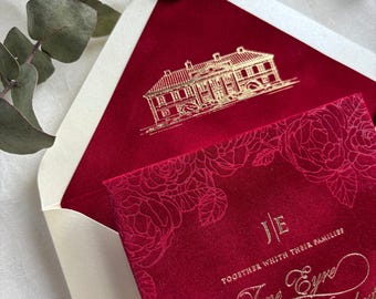 Burgundy Velvet Wedding Invitations, Gold Foil Invite, Luxury Hardcover Wedding Invitation, Rose Embossed 5x7 Suite