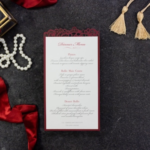 Menu piatto Elegante vino di lusso con dettagli tagliati al laser, menu tavolo di nozze, carte menu, menu di nozze, cancelleria del giorno