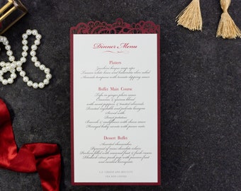 Plate Menu Elegant Luxury Wine with Laser Cut Details, Wedding Table Menu, Menu Cards, Wedding Menu, On the Day Stationery