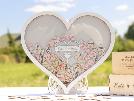 White Background White Heart Shaped Personalised Wooden Wedding Guest Book  Drop Box With Wooden Box Wooden Pen Wooden Hearts Set 