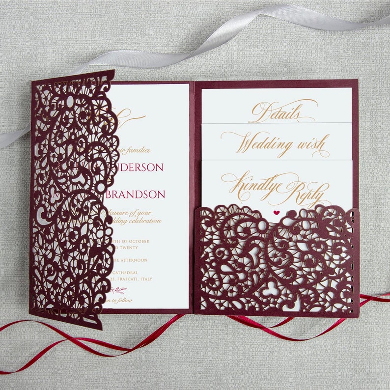 Laser Cut Covers Pocket Fold Invitations Burgundy Pocketfold Etsy UK