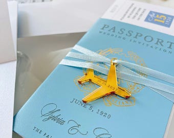 Custom Watercolor Venue Wedding Invitation | Blue Vegan Leather Passport Invite with Boarding Pass RSVP | Destination Wedding