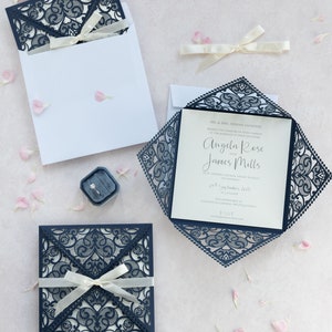 Wedding Invitation Cards Laser Cut with Navy Blue Lace + Envelope Elegant Navy Blue Satin Ribbon Wedding Invitations Birthday Anniversary