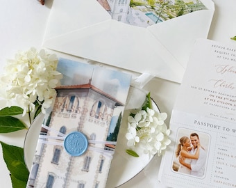 Passport Wedding Invitation with Vellum Cover & Custom Venue Watercolour, Villa Cappuccina Wedding, Destination Wedding Suite