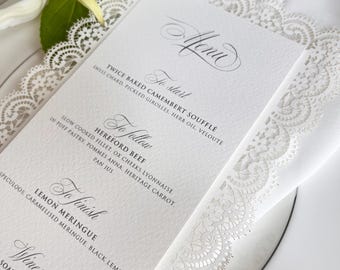 Lace Wedding Menu with Chiffon Ribbon | Laser Cut Wedding Menu | Personalised Reception Menu
