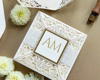 Elegant Cream Wedding Invitations with Gold Glitter and Monogram Belly Band Laser Cut Wedding Invite Personalized Initials