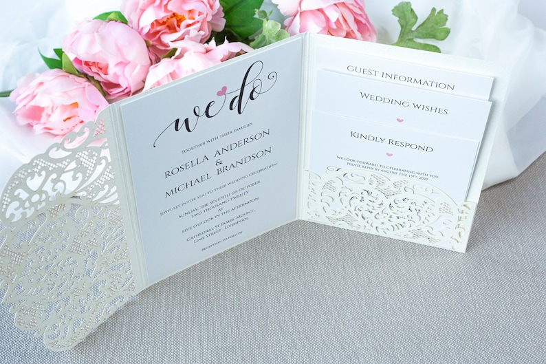 Luxury 4 Inserts Pocket Invitation, Laser Cut Pocket Invitation In Matt Ivory, Off White Wedding Elegant Luxury Wedding Invitations image 2