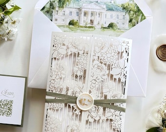 Watercolour Wedding Venue Invitation Suite, Sage Green Gatefold Invitation, Custom Venue Illustration, Laser Cut Wedding Invite