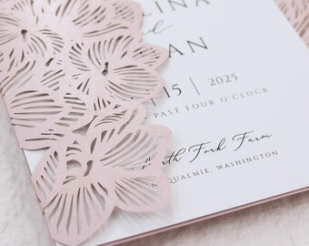 Laser Cut Gatefold Covers with Orchidea Motif for Invitation, Gold or Pink Metallic Paper, Phalaenopsis, DIY Invitation, Wedding Stationery