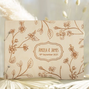 Fleurs rustiques, livre d'or de mariage en bois personnalisé, album photo, bois brun foncé, bois naturel, souvenir de mariage de fiançailles