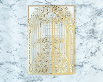 Luxury Gold Monogram Ornamental Gatefold Laser Cut Wedding Day Invitation with Gold Foil - Wedding Invitations Fully Personalised