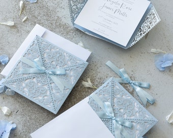 Light Blue Wedding Day Invitation,  Laser Cut Wedding Cards + Envelope Elegant Satin Ribbon Wedding Invitations , Birthday Invites