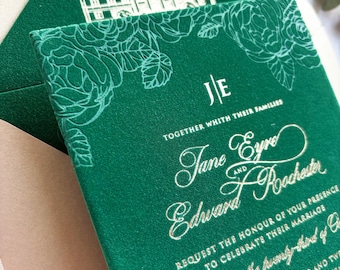Emerald Green Velvet Wedding Invitation with Gold Foil | Luxury Wedding Stationery Suite | Classic Elegant Design