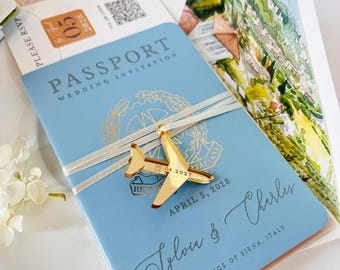 Travel Inspired Passport Wedding Invitation | Watercolour Venue Illustration with Boarding Pass RSVP | Destination Wedding