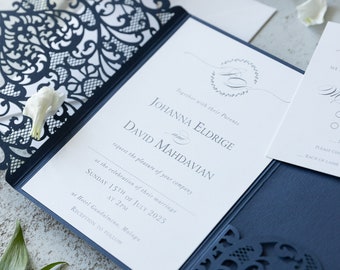 Luxury Navy Blue Wedding Pocket Personalised Laser Cut Wedding Invitation Folder Classic 3 tier Pocketfold Invitation with Envelope