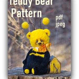 Black Yellow Bee Bear Pattern. Artist Teddy Bear Sewing Pattern. PDF JPEG format. Instant download Teddy Bear pattern.