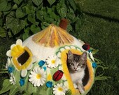 White Brown Green Wool Felted Luxury cat house. Cat Nap Cocoon. Cat cave bed, Sleep Vessel. Hand Felted wool fairy house with ladybug
