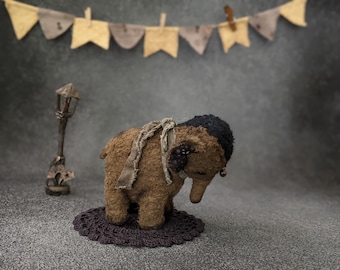 Dark Brown Primitive Artist Teddy Elephant. Teddy Bear friends. Collectible OOAK Handmade stuffed toy.