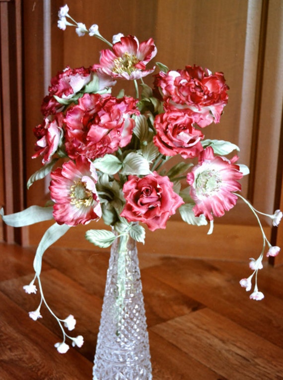 Items similar to Red Silk Flowers Arrangement. Silk Roses Poppy Bouquet